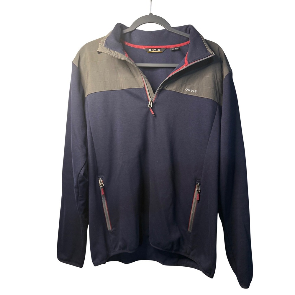 Orvis Pullover 1/4 Zip Blue Olive Green Quilted Shoulder Elbow Patch Mens Large